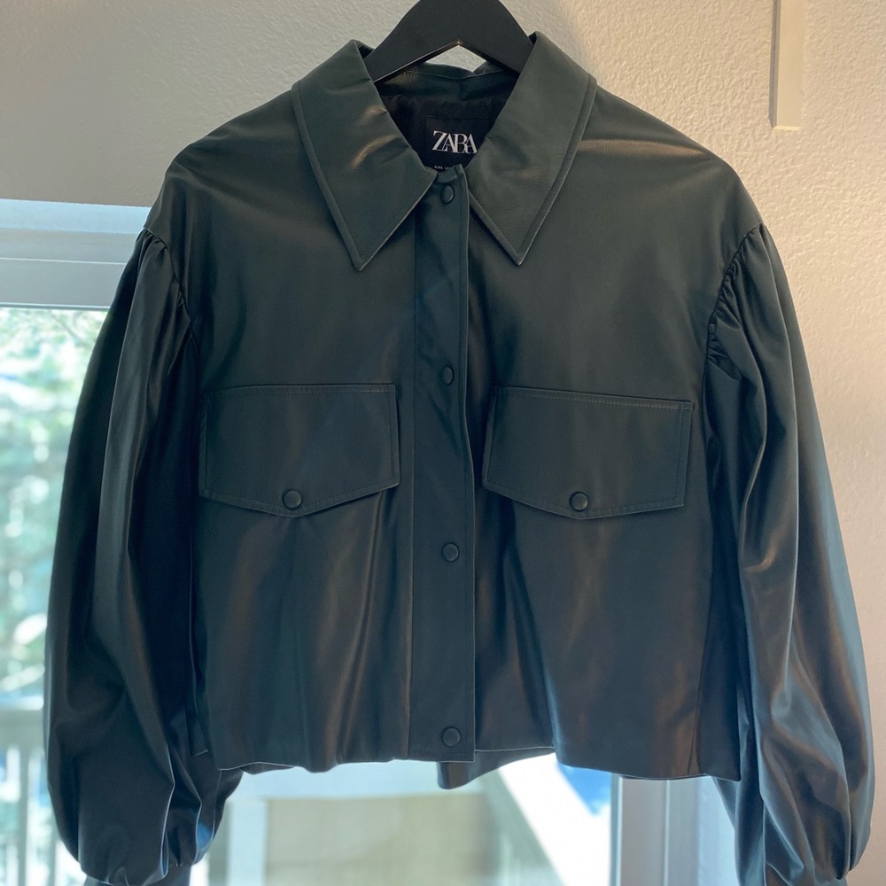 ZARA Dark Green Faux Leather Jacket with Front Flap Pockets